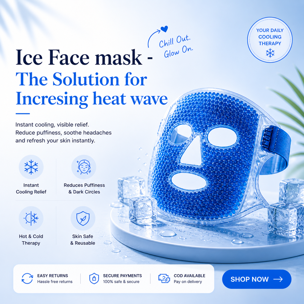 Ice face mask with cooling benefits on a blue background